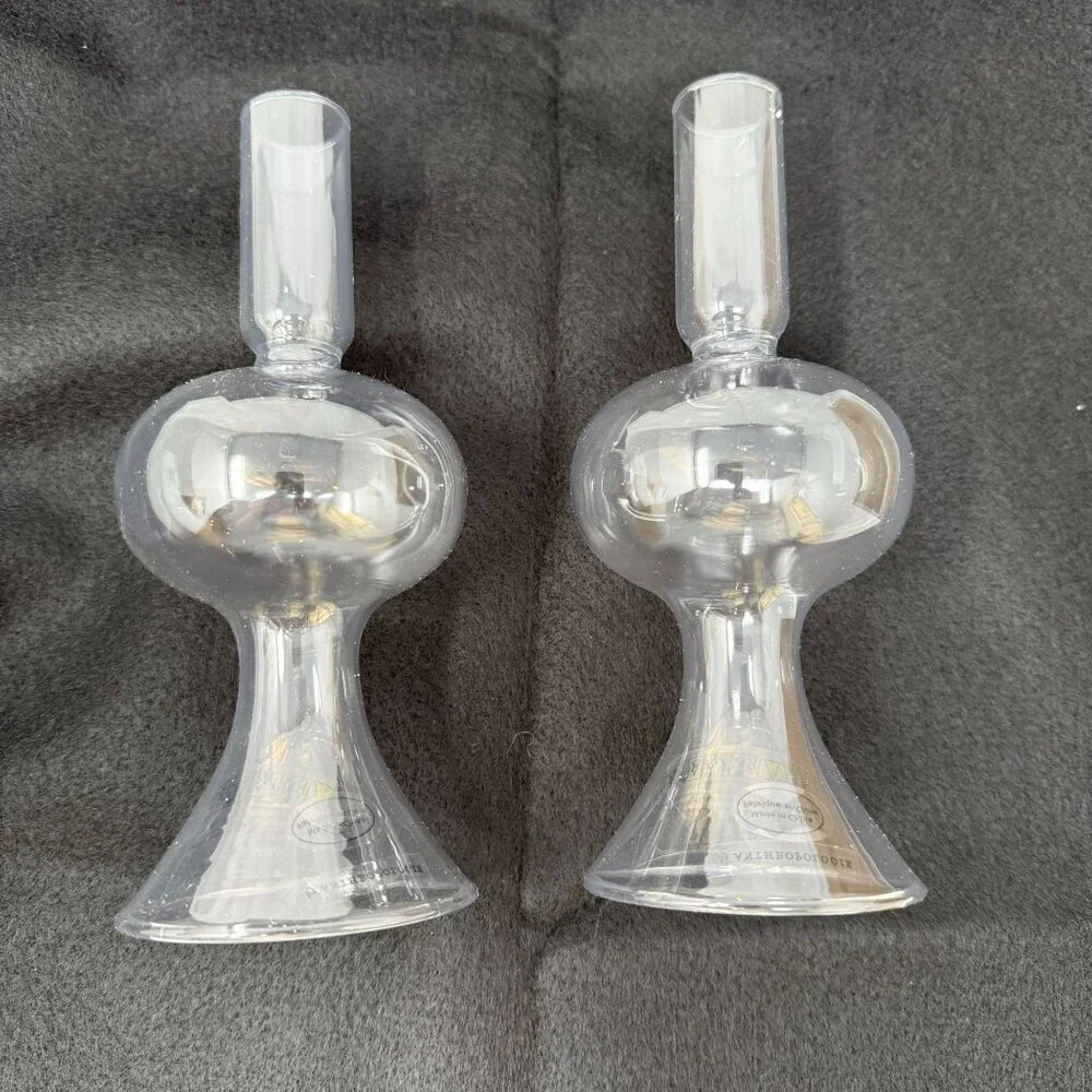 Anthropologie Delaney Glass Candlesticks Pair Lilac Taper Candle Table Decor